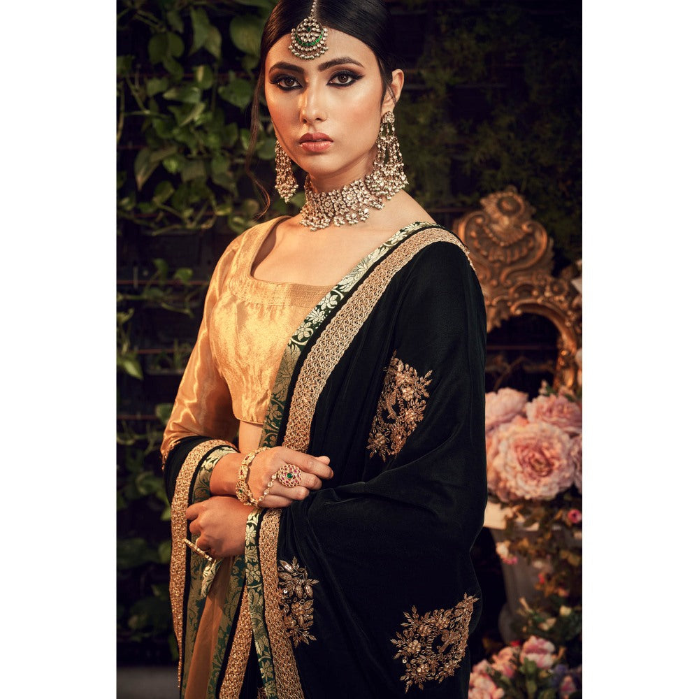 Ranian Oxidized Gold Lehenga and Blouse with Green Velvet Dupatta (Set of 3)