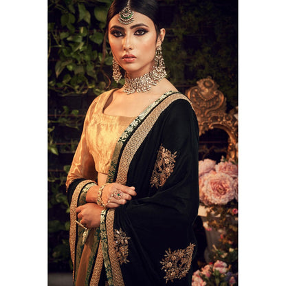 Ranian Oxidized Gold Lehenga and Blouse with Green Velvet Dupatta (Set of 3)