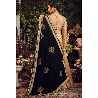 Ranian Oxidized Gold Lehenga and Blouse with Green Velvet Dupatta (Set of 3)