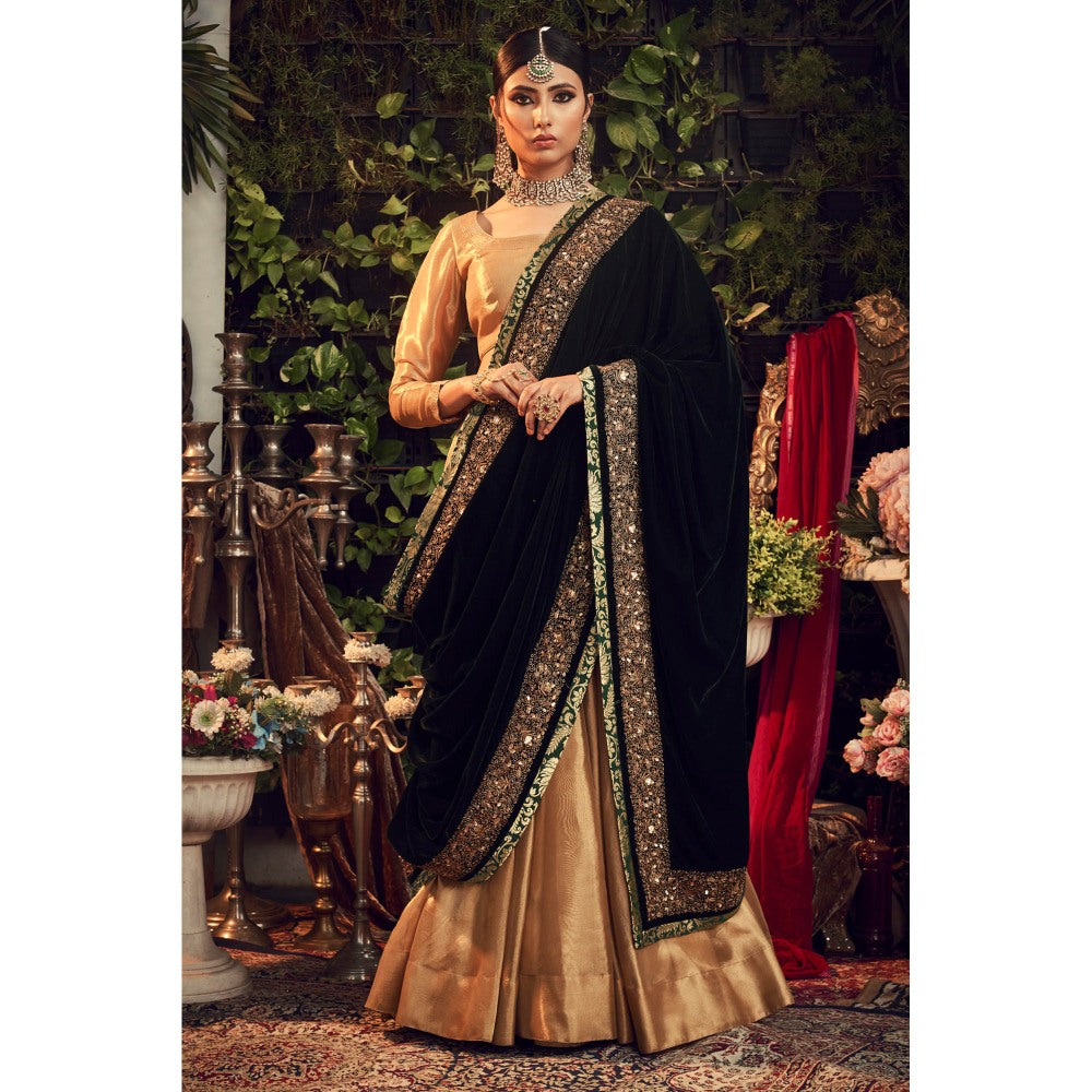 Ranian Oxidized Gold Lehenga and Blouse with Green Velvet Dupatta (Set of 3)