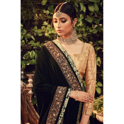 Ranian Oxidized Gold Lehenga and Blouse with Green Velvet Dupatta (Set of 3)