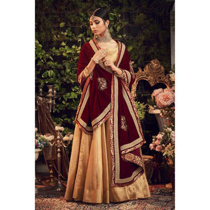 Ranian Oxidized Gold Lehenga and Blouse with Maroon Velvet Dupatta (Set of 3)