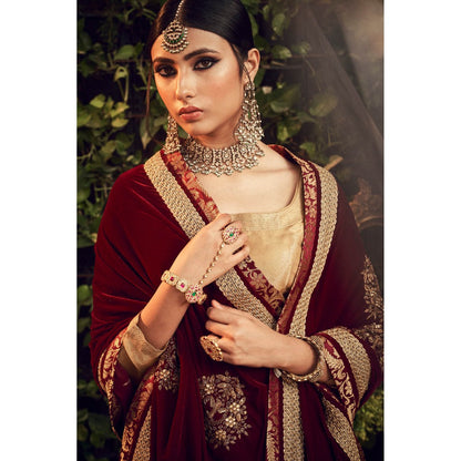 Ranian Oxidized Gold Lehenga and Blouse with Maroon Velvet Dupatta (Set of 3)