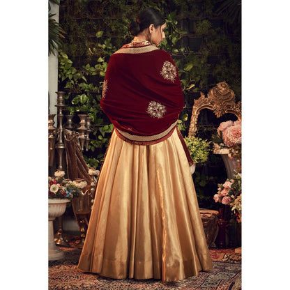 Ranian Oxidized Gold Lehenga and Blouse with Maroon Velvet Dupatta (Set of 3)