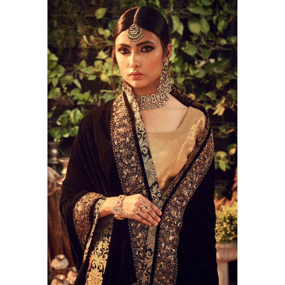 Ranian Oxidized Gold Lehenga and Blouse with Black Velvet Dupatta (Set of 3)