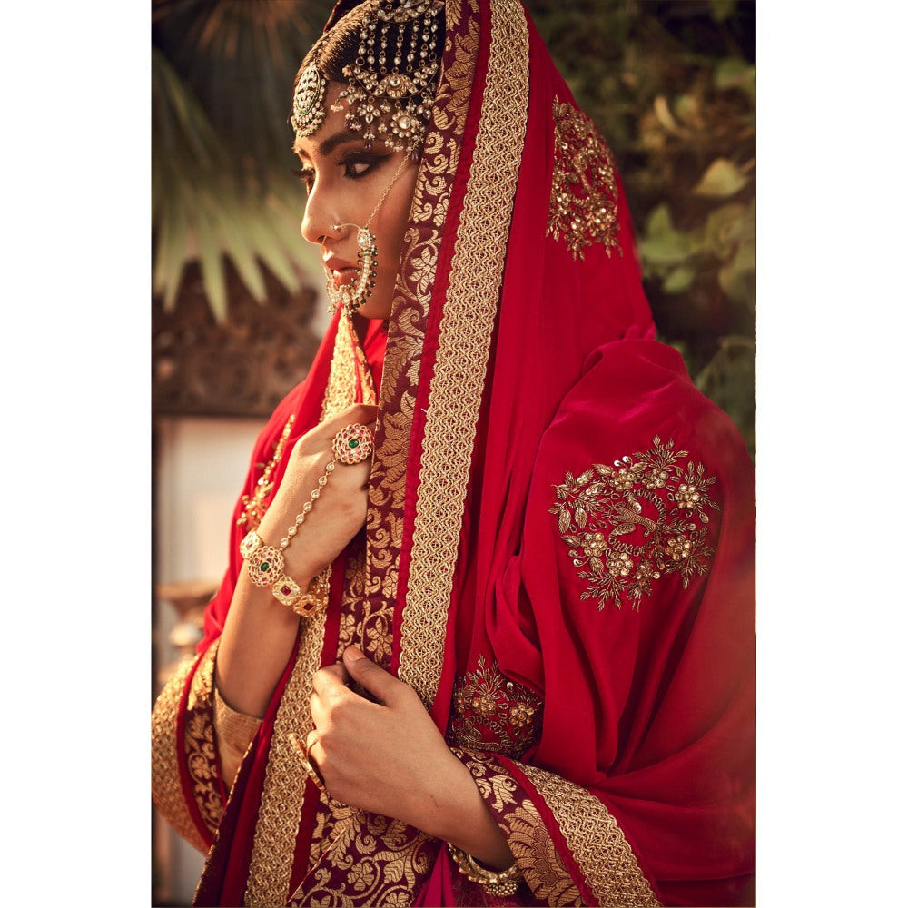 Ranian Oxidized Gold Lehenga and blouse with Red Velvet Dupatta (Set of 3)