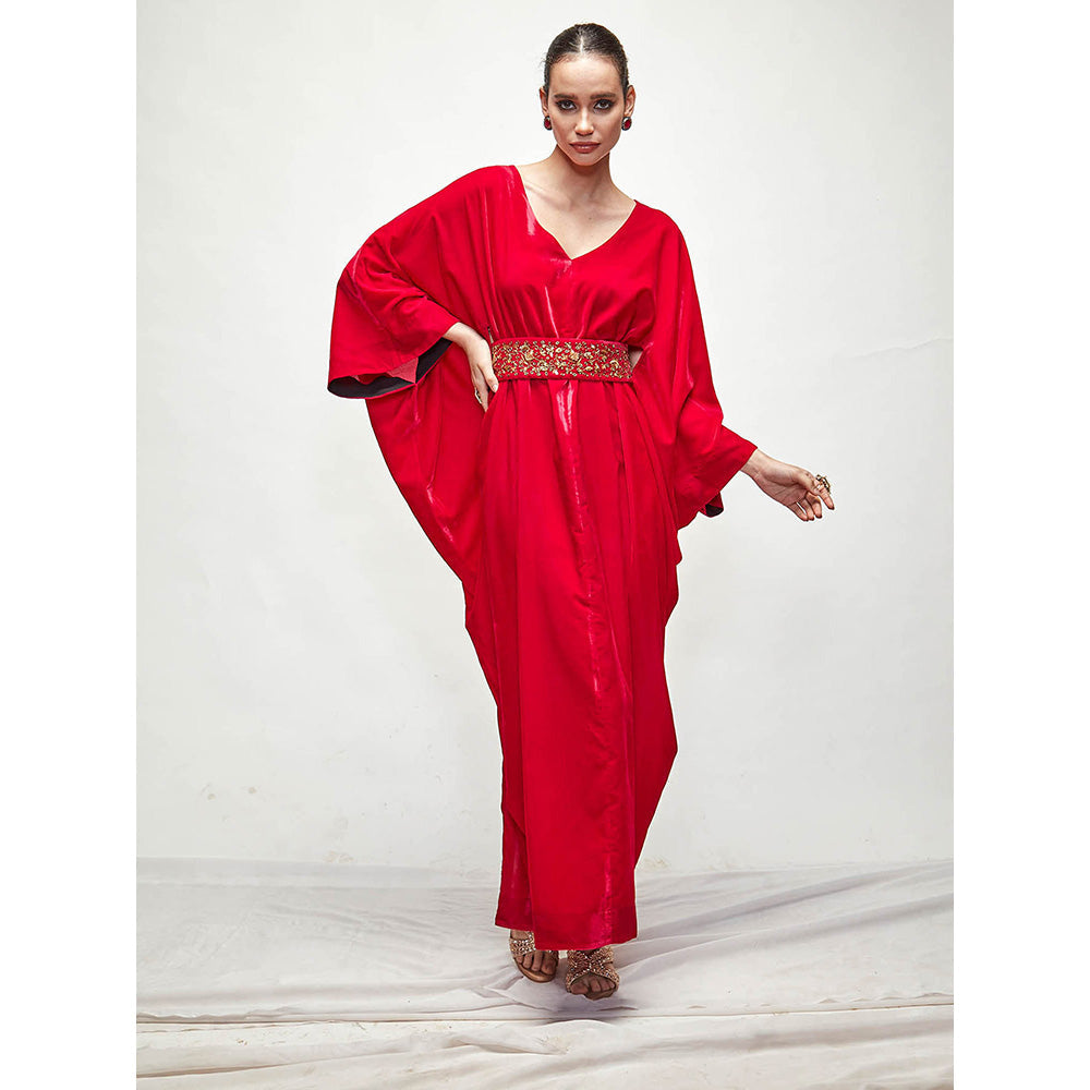 Ranian Red Velvet Kaftan Dress with Belt (Set of 2)