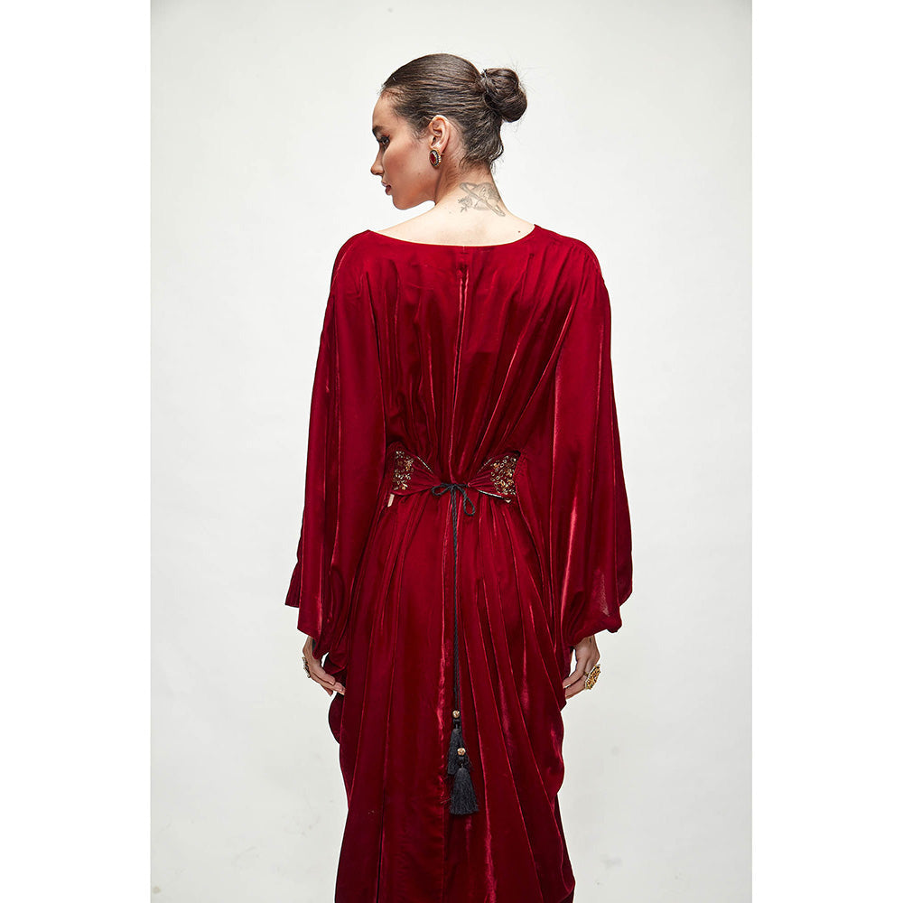 Ranian Maroon Velvet Kaftan Dress with Belt (Set of 2)