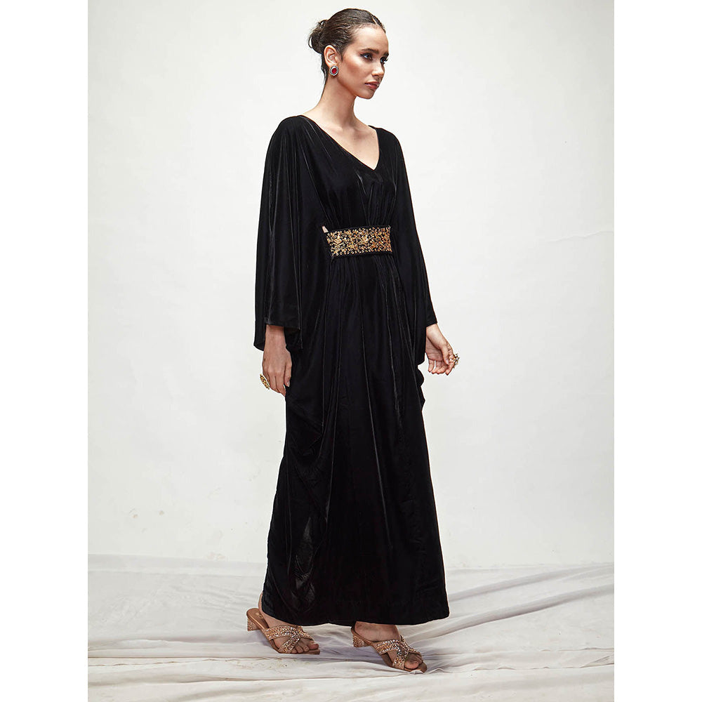 Ranian Black Velvet Kaftan Dress with Belt (Set of 2)
