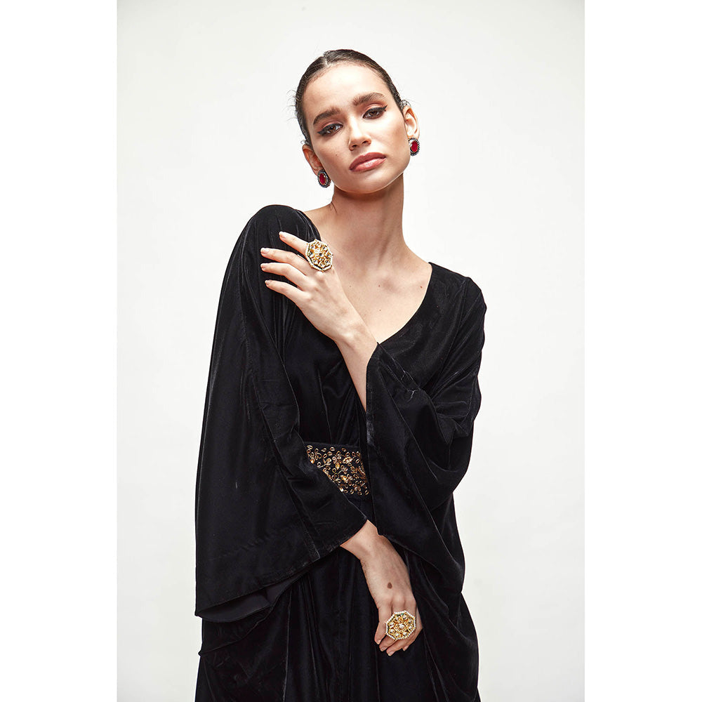 Ranian Black Velvet Kaftan Dress with Belt (Set of 2)