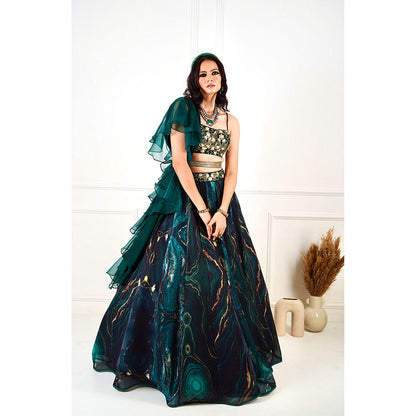 Rashika Sharma Meesha Green Marble Print Blouse, Lehenga with Dupatta and Belt (Set of 4)