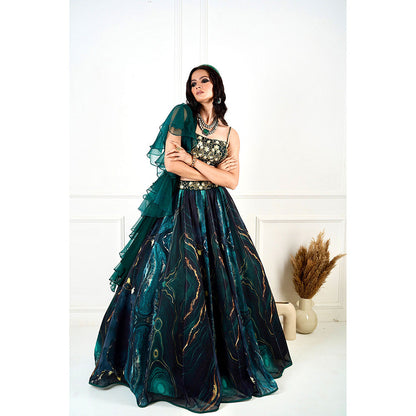 Rashika Sharma Meesha Green Marble Print Blouse, Lehenga with Dupatta and Belt (Set of 4)