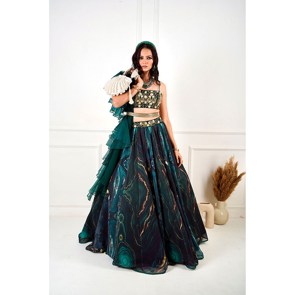 Rashika Sharma Meesha Green Marble Print Blouse, Lehenga with Dupatta and Belt (Set of 4)