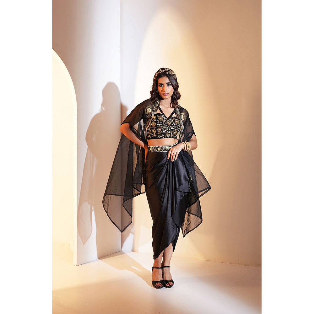 Rashika Sharma Aria Drape Skirt with Bustier and Cape (Set of 3)