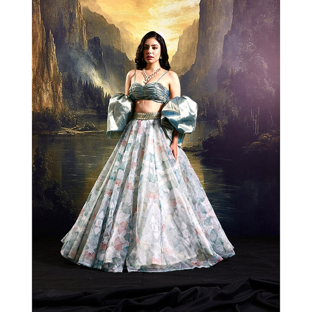 Rashika Sharma Blue Jasmine Classic Lehenga with Blouse and Cuff Dupatta (Set of 3)