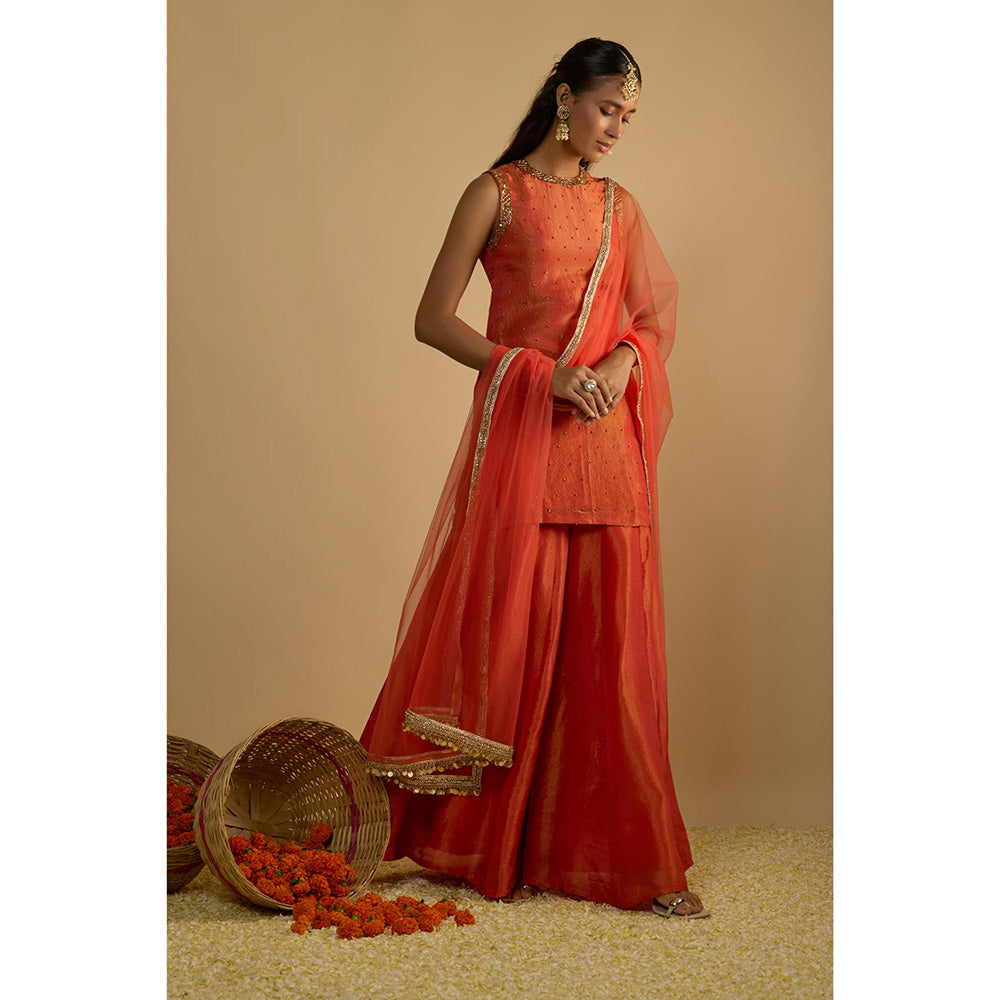 RAYASHA KHAN Rust Silk Tissue Sharara with Kurti and Dupatta