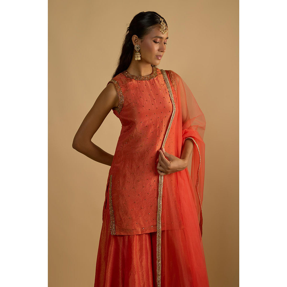 RAYASHA KHAN Rust Silk Tissue Sharara with Kurti and Dupatta