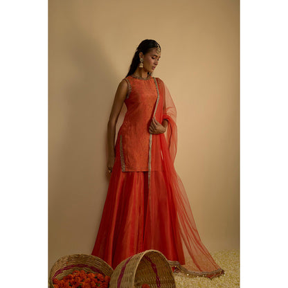 RAYASHA KHAN Rust Silk Tissue Sharara with Kurti and Dupatta
