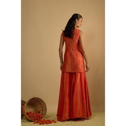 RAYASHA KHAN Rust Silk Tissue Sharara with Kurti and Dupatta