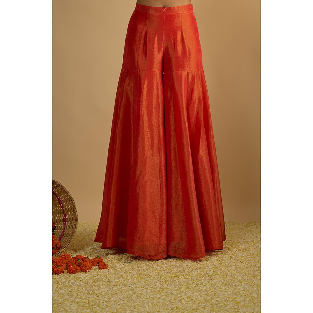 RAYASHA KHAN Rust Silk Tissue Sharara with Kurti and Dupatta