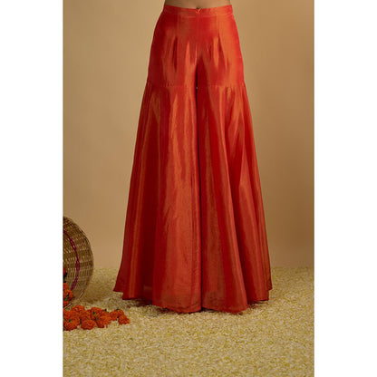 RAYASHA KHAN Rust Silk Tissue Sharara with Kurti and Dupatta