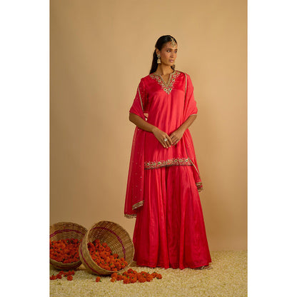 RAYASHA KHAN Pink Crimson Blush Silk Chiffon Sharara with Kurti and Dupatta
