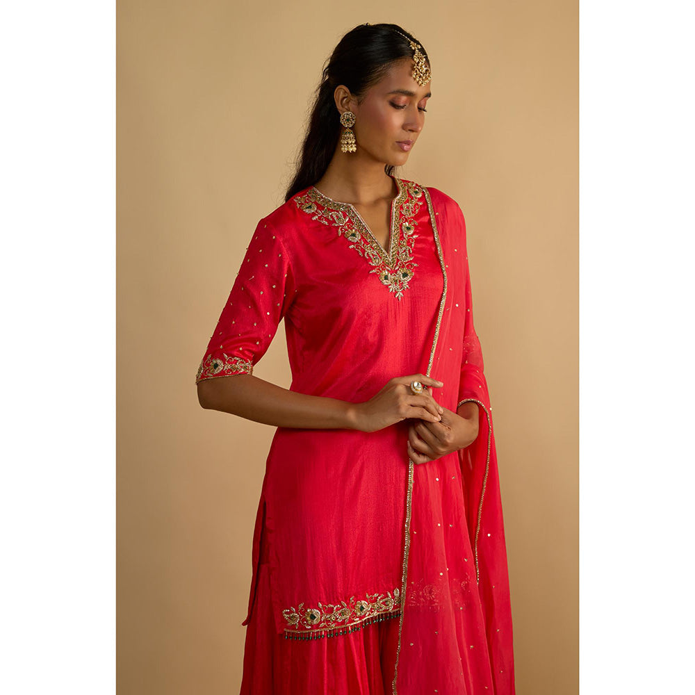 RAYASHA KHAN Pink Crimson Blush Silk Chiffon Sharara with Kurti and Dupatta