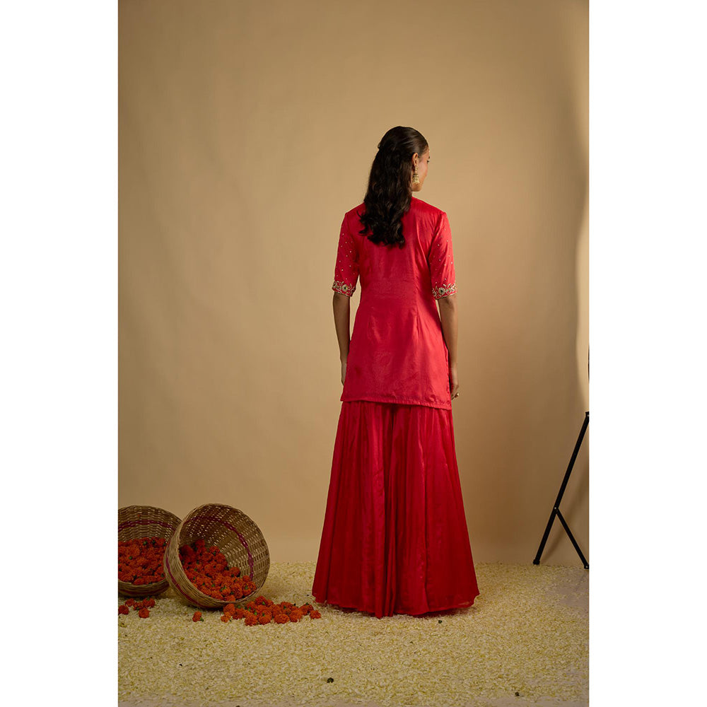 RAYASHA KHAN Pink Crimson Blush Silk Chiffon Sharara with Kurti and Dupatta
