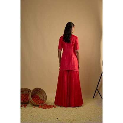 RAYASHA KHAN Pink Crimson Blush Silk Chiffon Sharara with Kurti and Dupatta