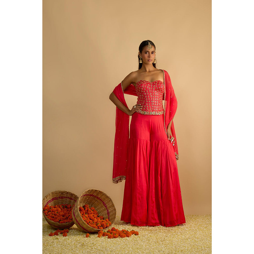 RAYASHA KHAN Pink Crimson Blush Silk Chiffon Sharara with Corset Top and Dupatta