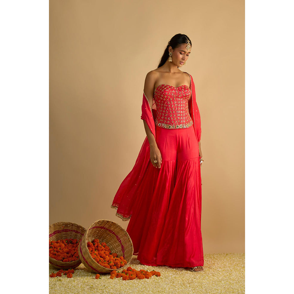 RAYASHA KHAN Pink Crimson Blush Silk Chiffon Sharara with Corset Top and Dupatta