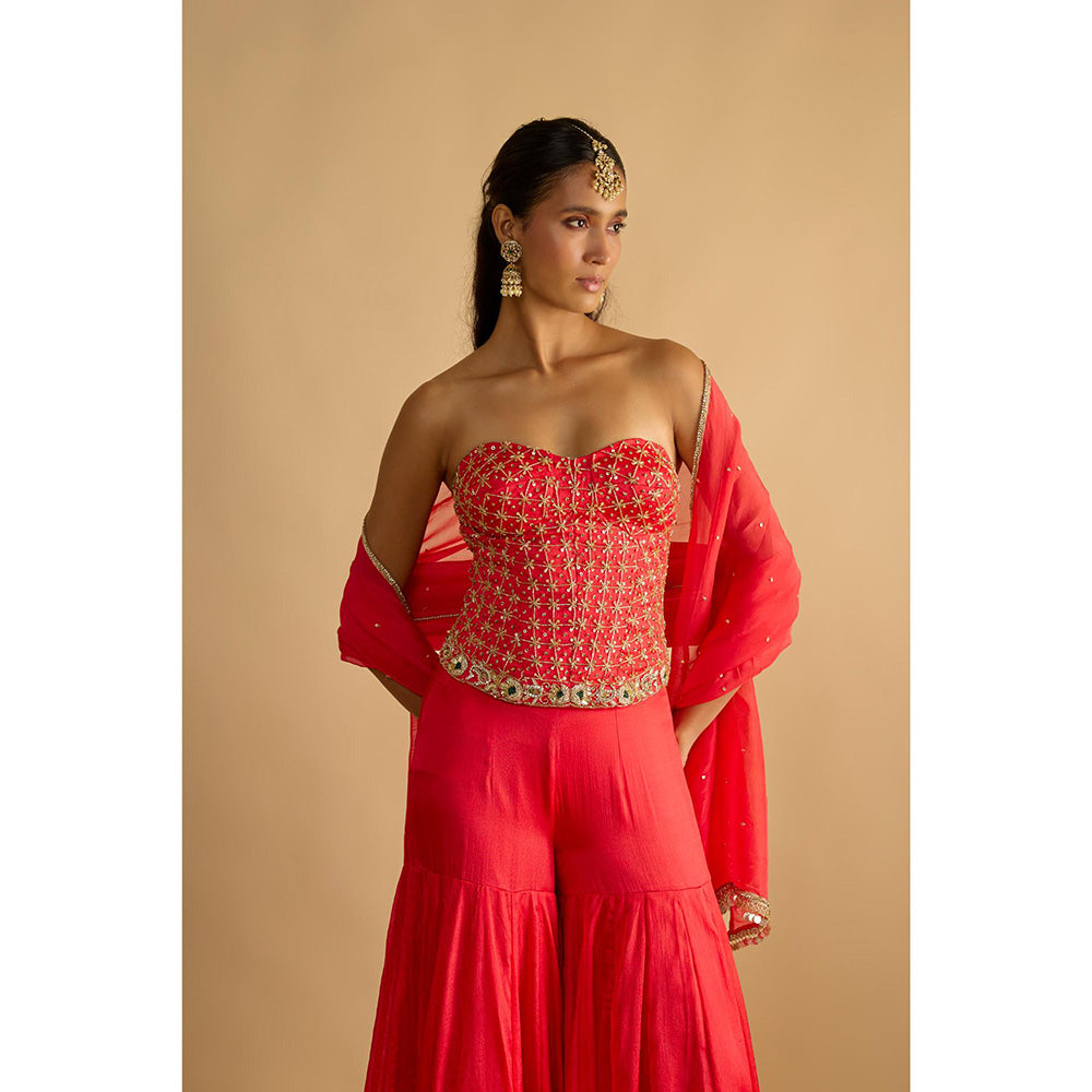 RAYASHA KHAN Pink Crimson Blush Silk Chiffon Sharara with Corset Top and Dupatta