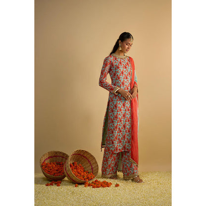 RAYASHA KHAN Blue Printed Long Kurta with Palazzo and Dupatta