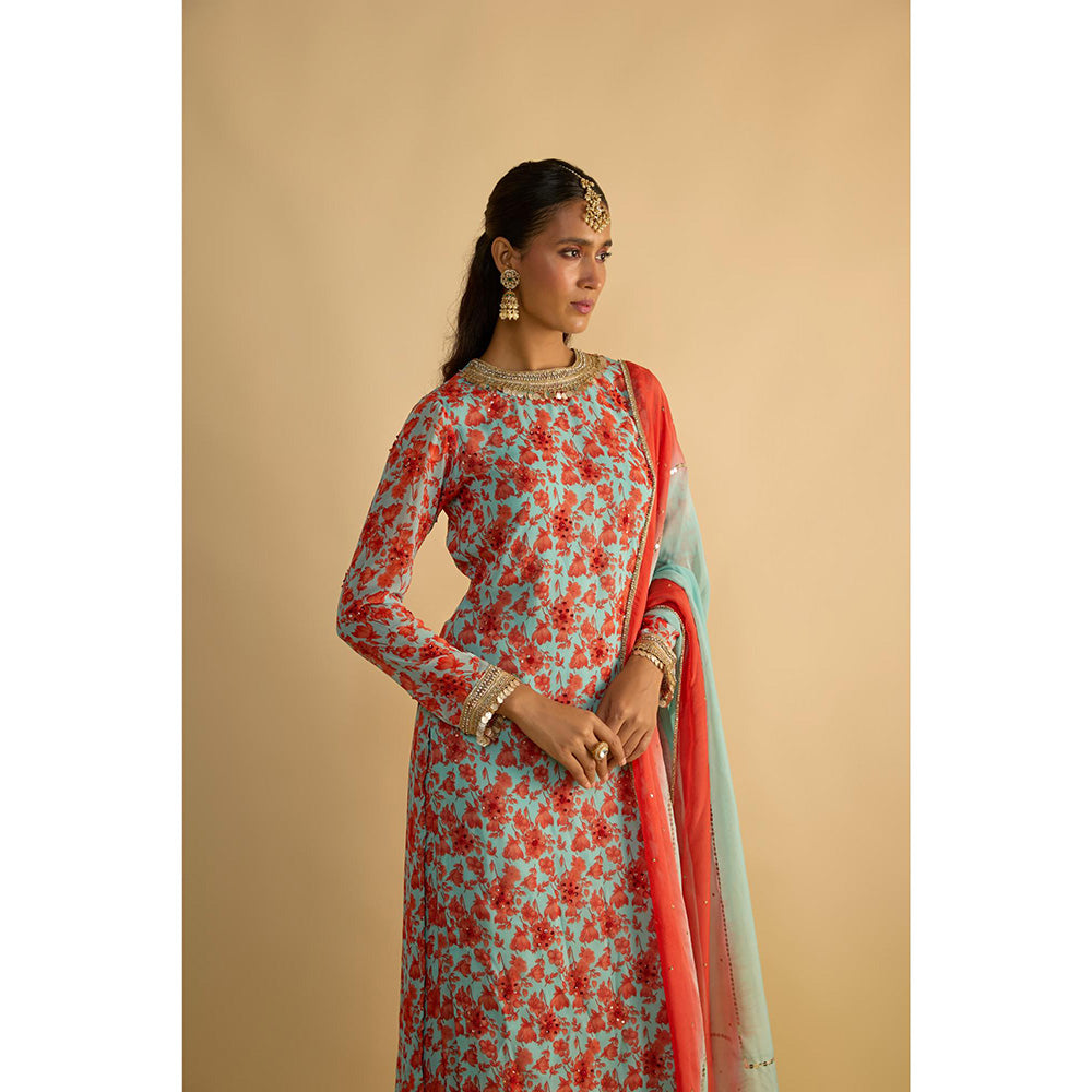 RAYASHA KHAN Blue Printed Long Kurta with Palazzo and Dupatta