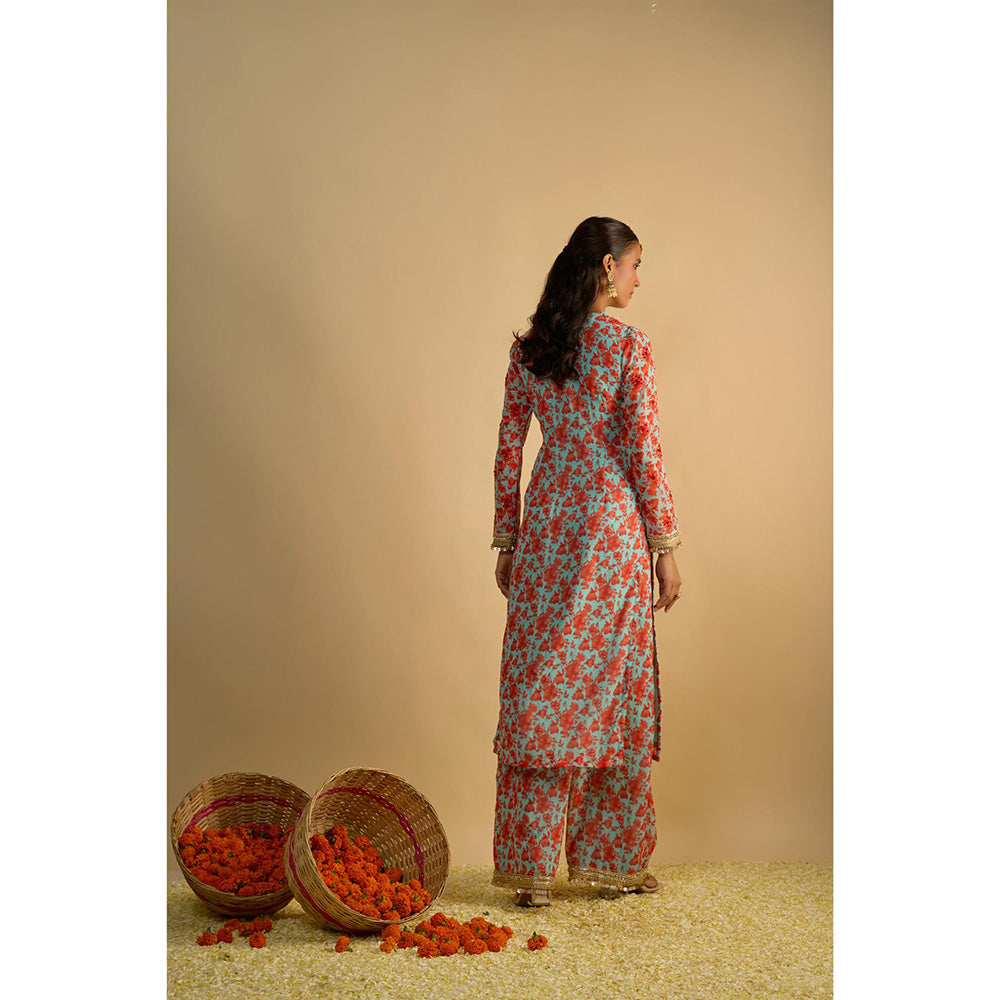RAYASHA KHAN Blue Printed Long Kurta with Palazzo and Dupatta
