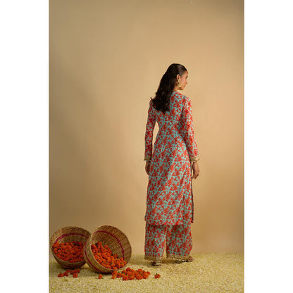 RAYASHA KHAN Blue Printed Long Kurta with Palazzo and Dupatta