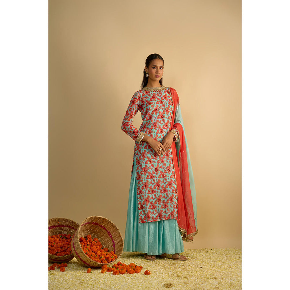 RAYASHA KHAN Blue Printed Long Kurta with Sharara and Dupatta