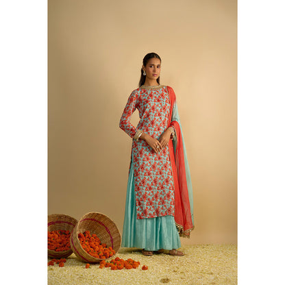 RAYASHA KHAN Blue Printed Long Kurta with Sharara and Dupatta