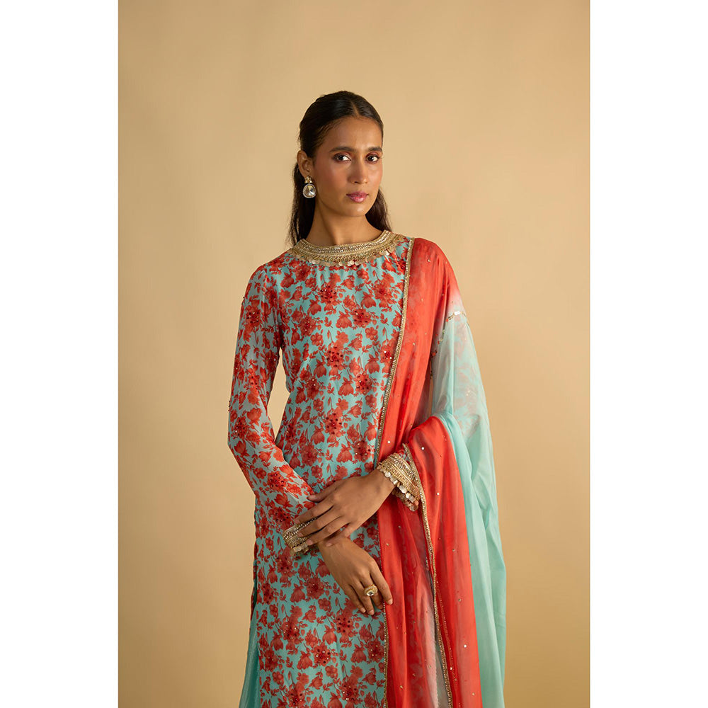 RAYASHA KHAN Blue Printed Long Kurta with Sharara and Dupatta