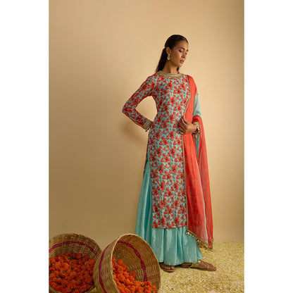 RAYASHA KHAN Blue Printed Long Kurta with Sharara and Dupatta