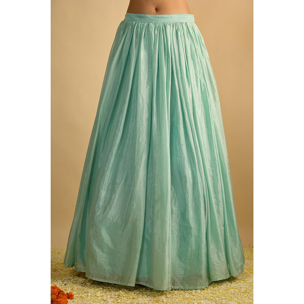 RAYASHA KHAN Aqua Printed Georgette Long Kurta with Attached Drape and Lehenga