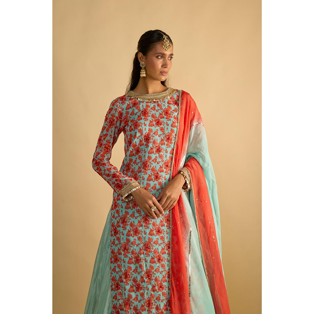RAYASHA KHAN Aqua Printed Georgette Long Kurta with Lehenga and Dupatta