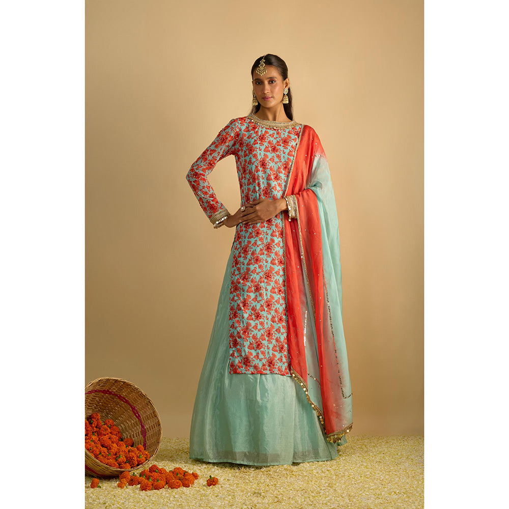RAYASHA KHAN Aqua Printed Georgette Long Kurta with Lehenga and Dupatta