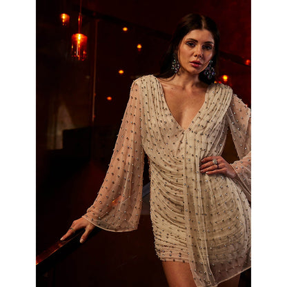Realm By Vaishali Delilah Off White Crystal Embellished Mini Drape Dress