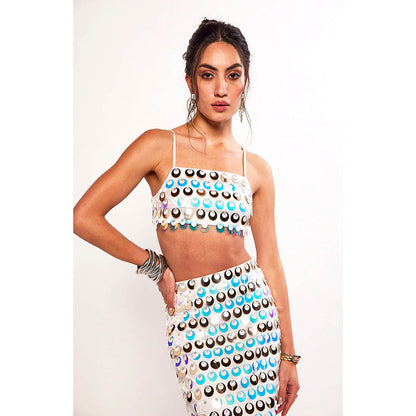 Realm By Vaishali Sea Maiden Iridescent White Sequin Embellished Bralette with Skirt (Set of 2)