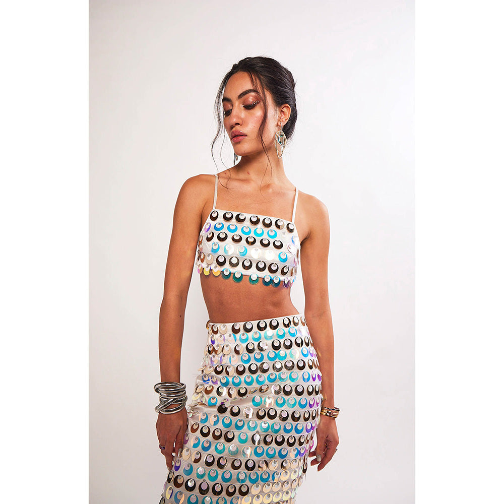 Realm By Vaishali Sea Maiden Iridescent White Sequin Embellished Bralette with Skirt (Set of 2)