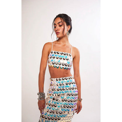 Realm By Vaishali Sea Maiden Iridescent White Sequin Embellished Bralette with Skirt (Set of 2)