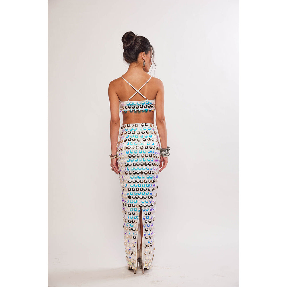 Realm By Vaishali Sea Maiden Iridescent White Sequin Embellished Bralette with Skirt (Set of 2)