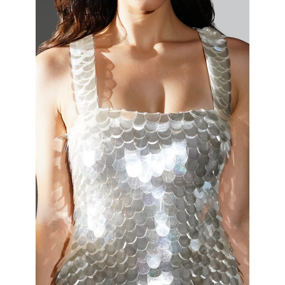 Realm By Vaishali Silver Anastasia Holographic Sequins Embellished Maxi Dress