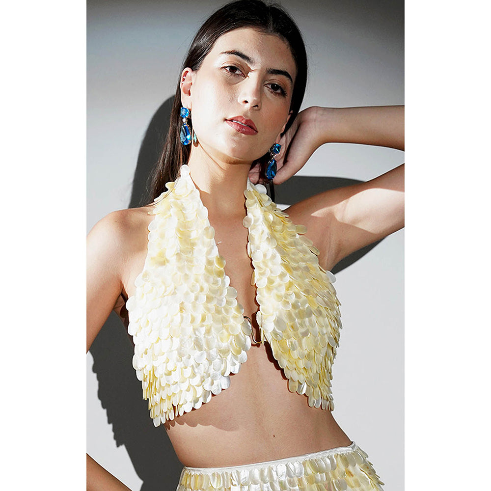 Realm By Vaishali Alana Yellow Pearls Embellished Bralette with Skirt (Set of 2)